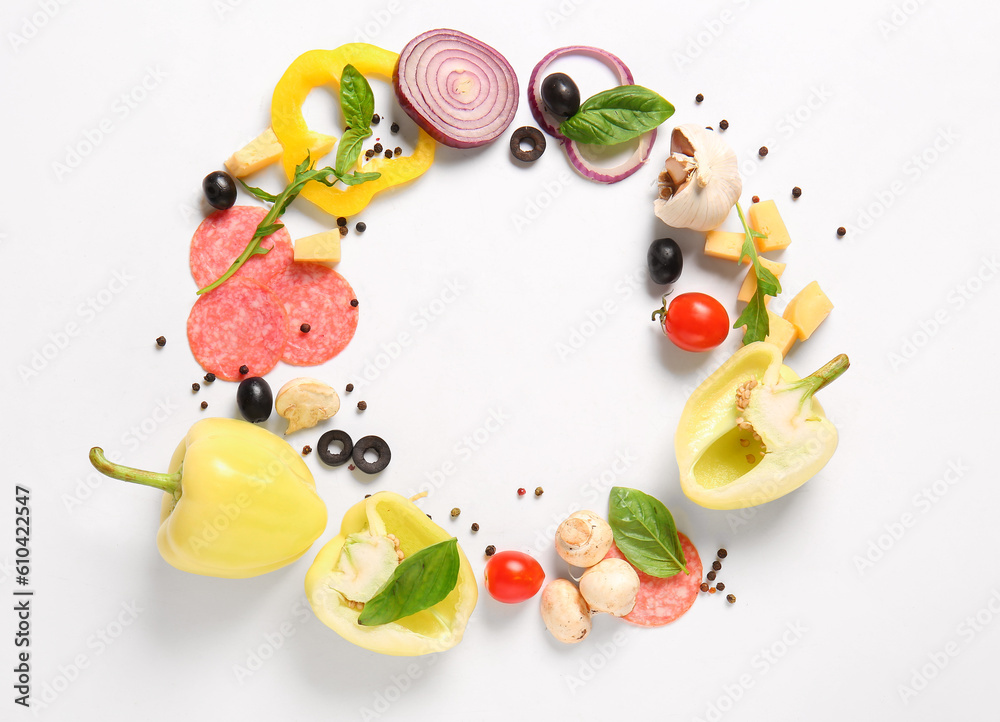 Frame made of ingredients for preparing pizza on white background