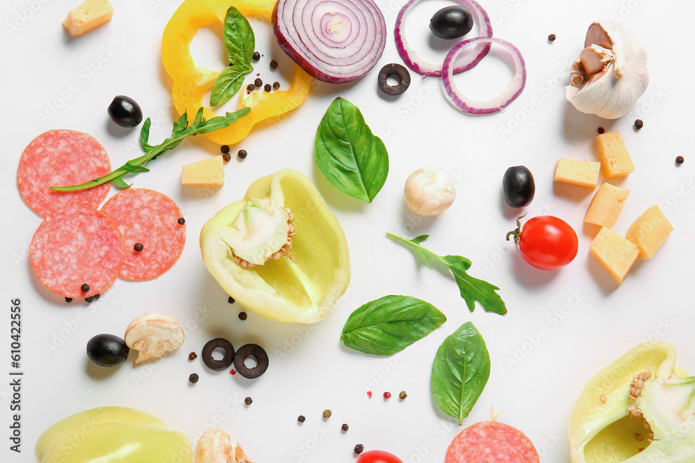 Ingredients for preparing pizza on white background