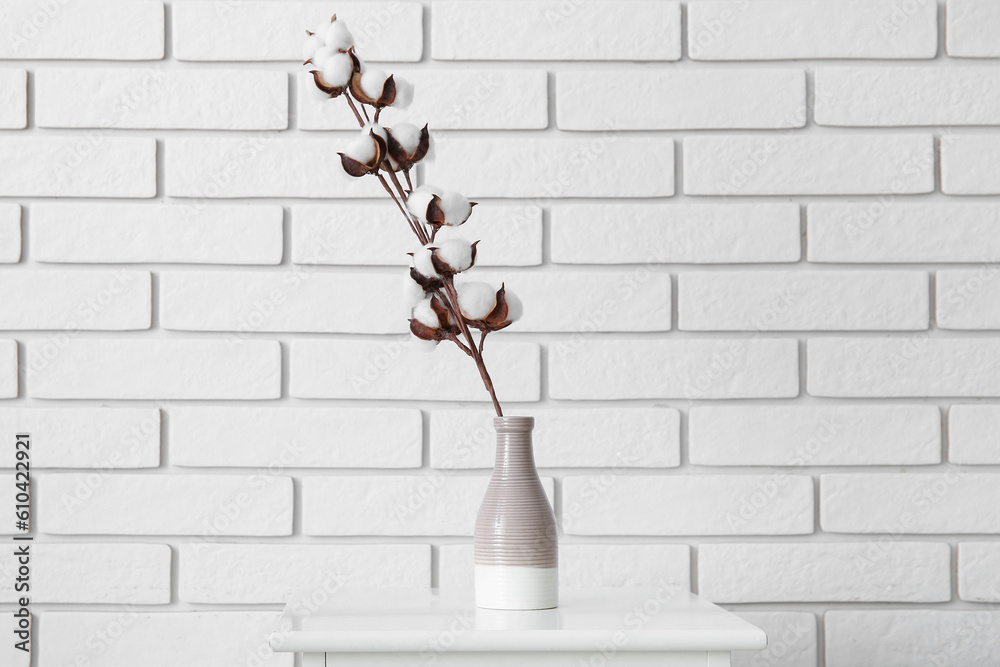 Cotton sprig in vase on cabinet near white brick wall