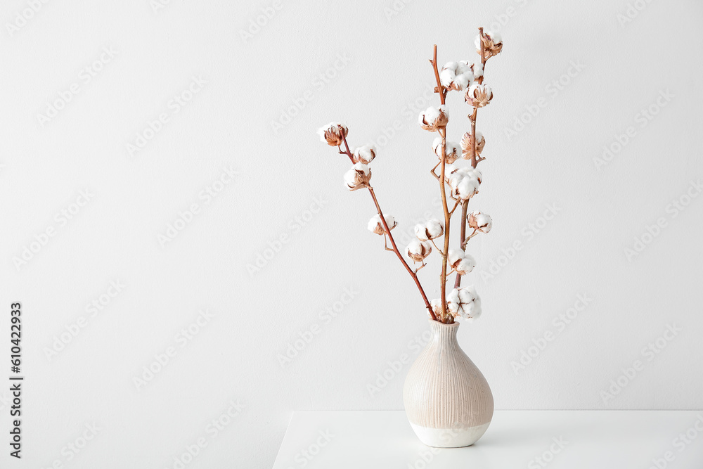 Cotton sprigs in vase on table near white wall