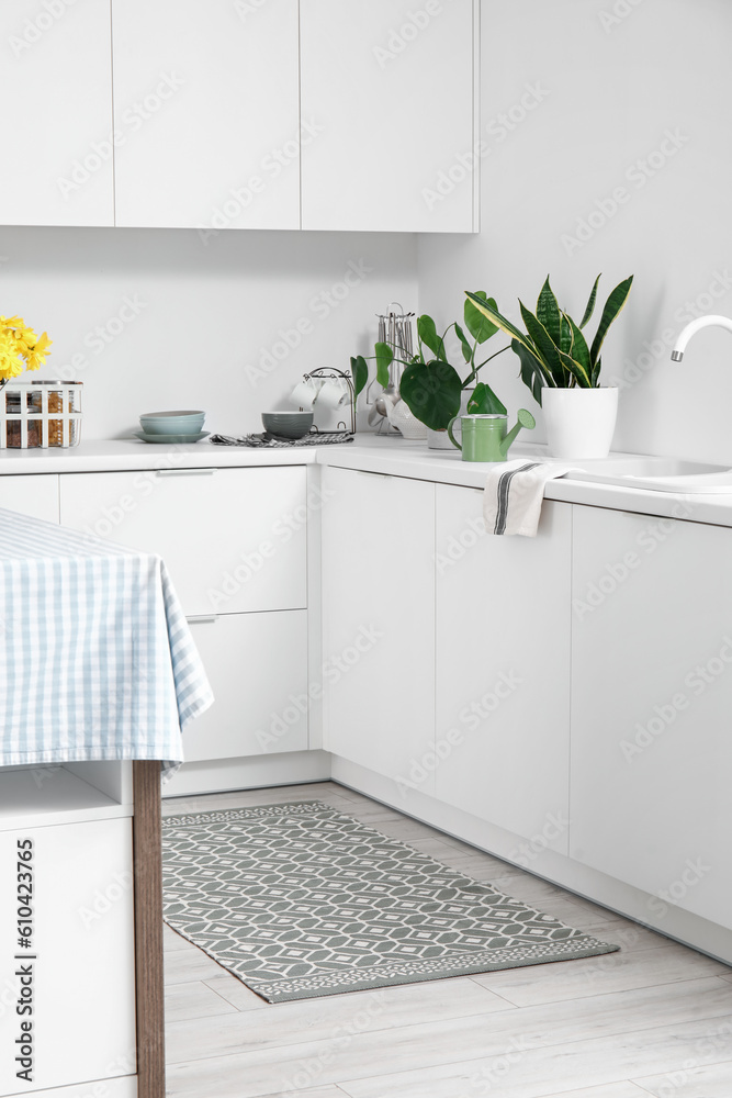 Stylish rug on floor in light kitchen