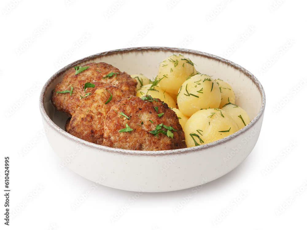 Bowl with cutlets, boiled baby potatoes and dill on white background