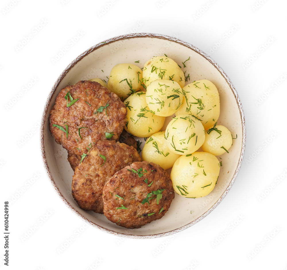 Bowl with cutlets, boiled baby potatoes and dill on white background