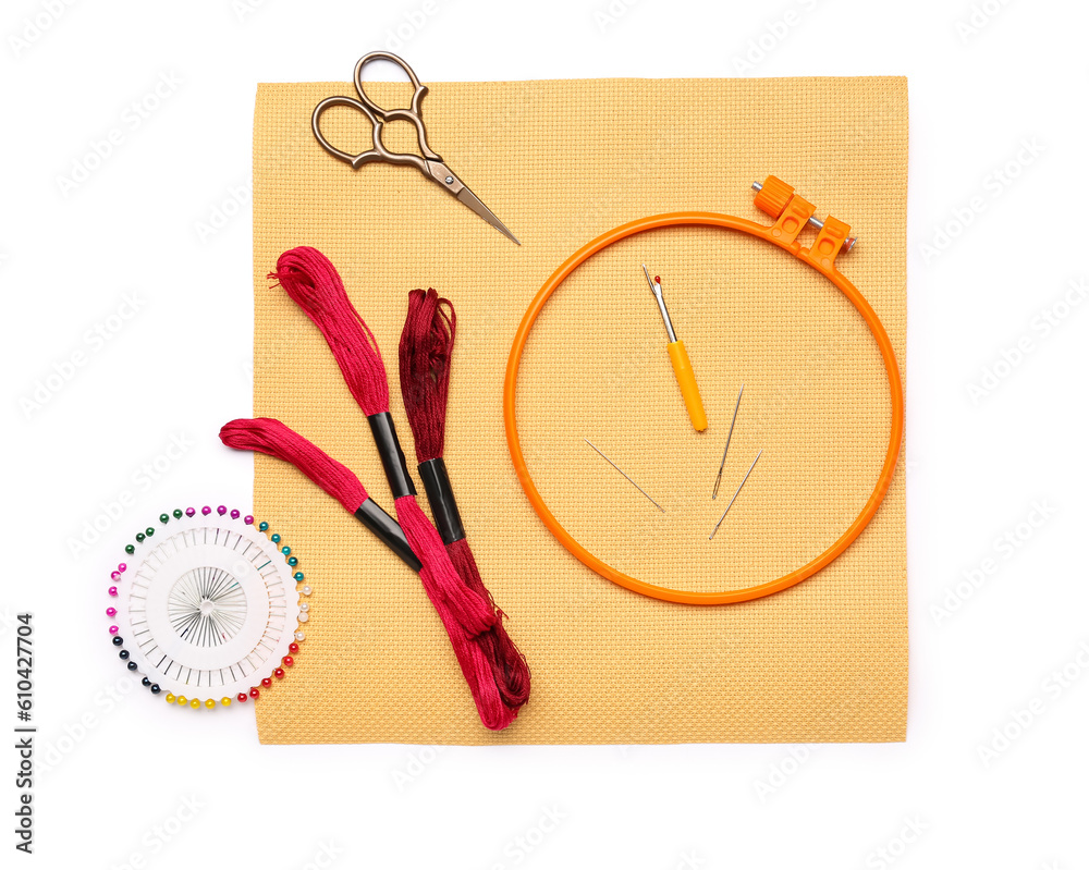 Embroidery hoop with canvas, ball pins and mouline threads isolated on white background