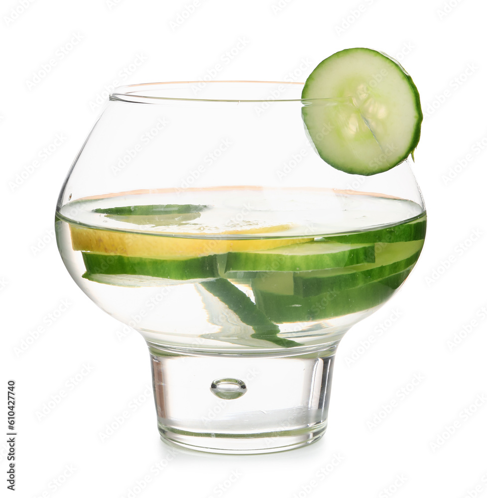 Glass of infused water with cucumber slices on white background