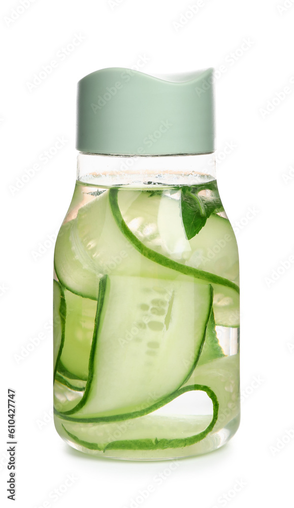 Sports bottle of infused water with cucumber slices on white background