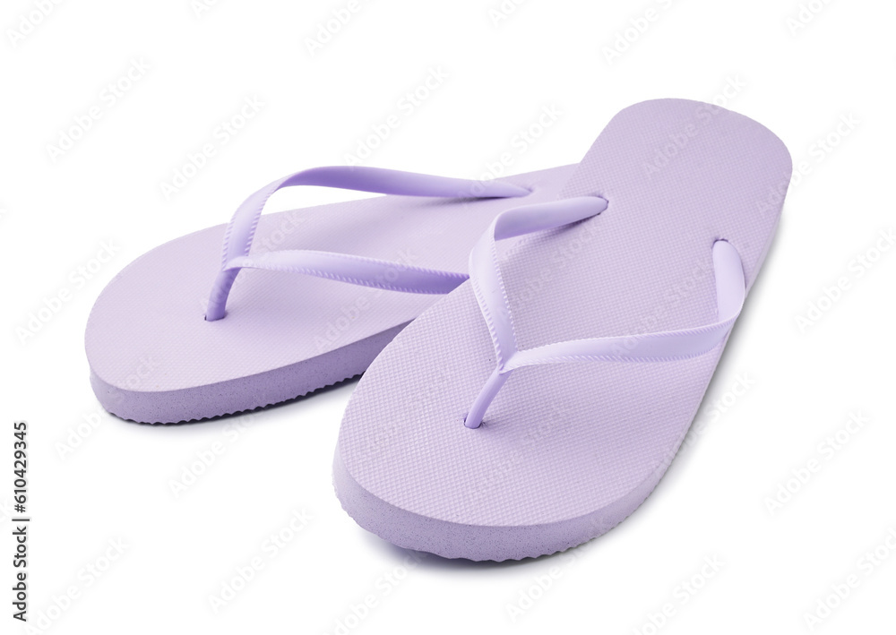 Pair of stylish lilac flip-flops on white background