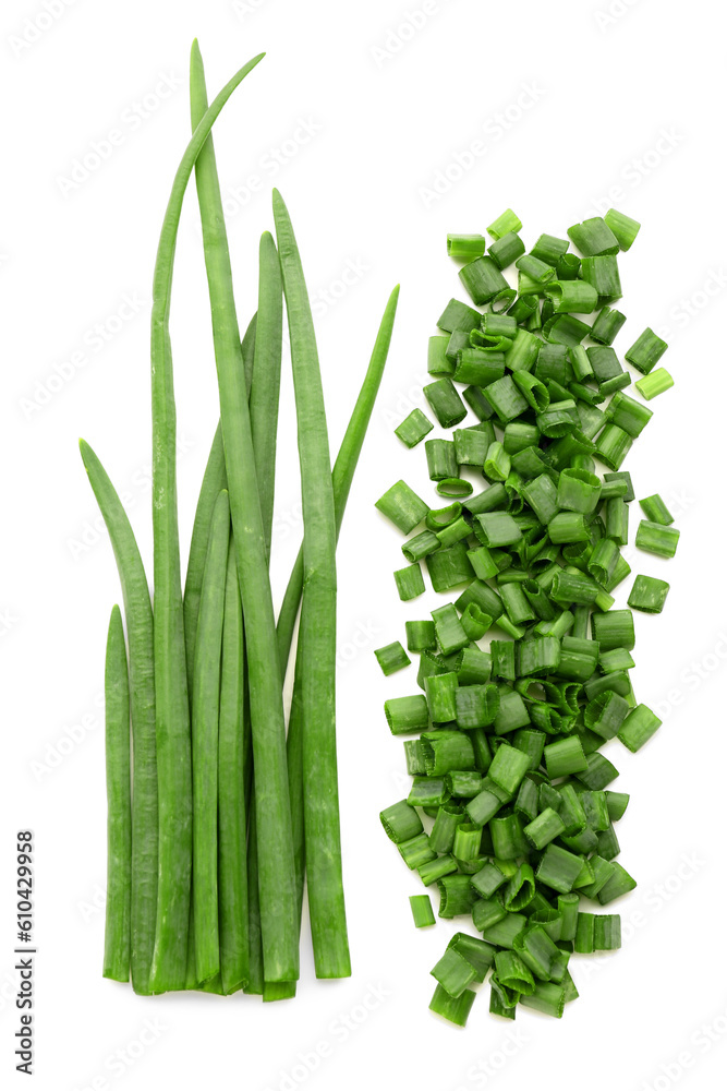 Slices of fresh green onion on white background