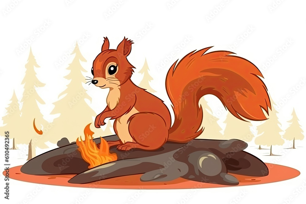 cute squirrel warming up by a cozy campfire on a wooden log Generative AI