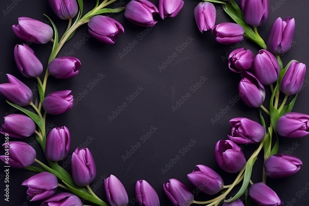 beautiful wreath made of purple tulips against a dark background Generative AI