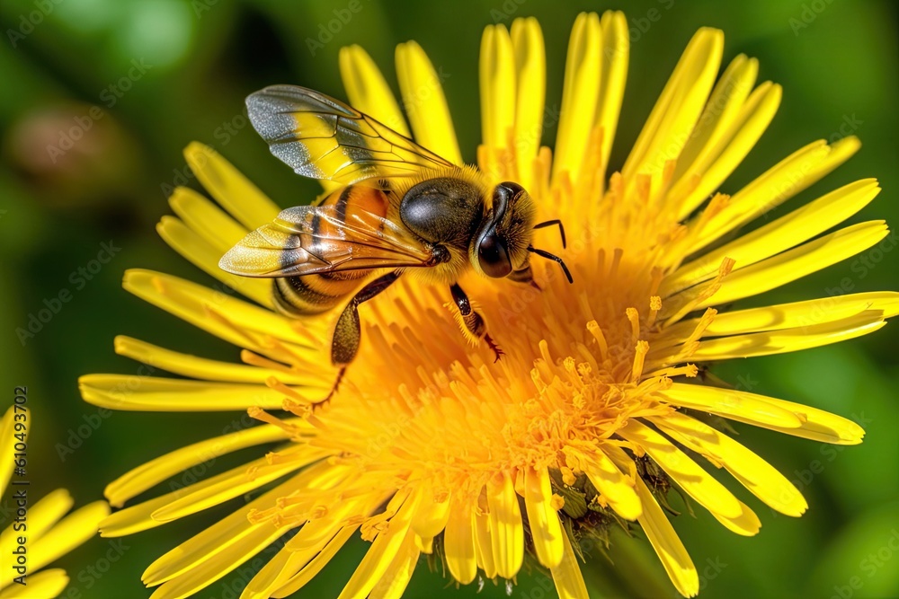 two bees pollinating a yellow flower in a garden Generative AI