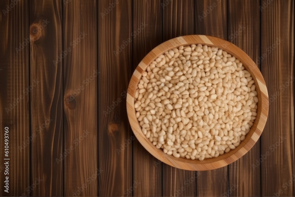 wooden bowl filled with beans on a rustic table Generative AI