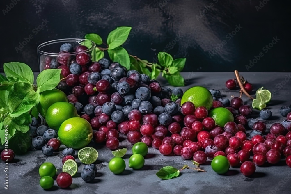 colorful assortment of fresh fruits arranged on a wooden table Generative AI