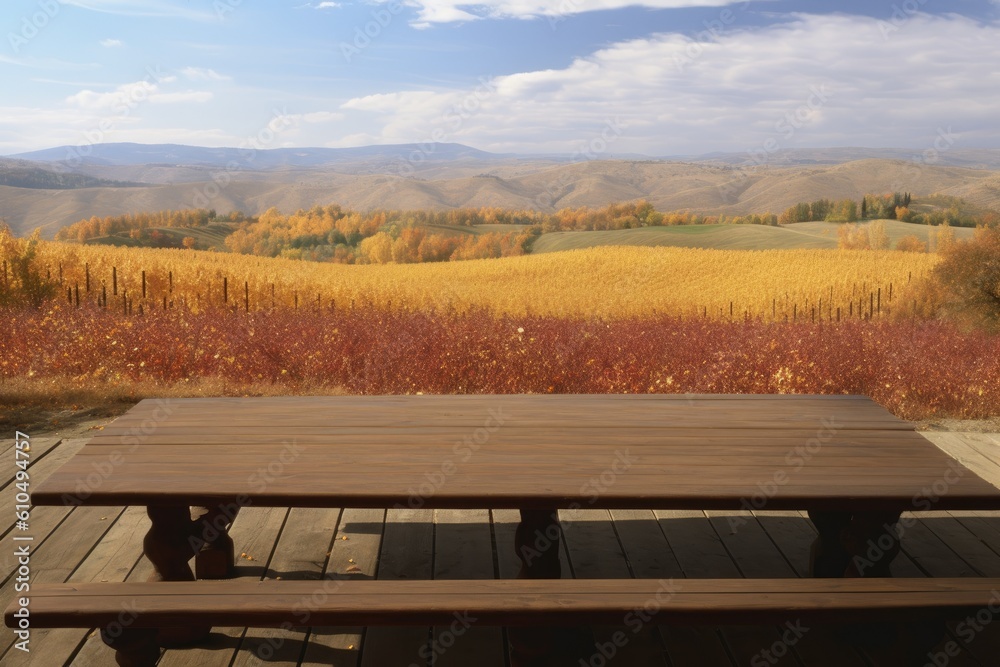 wooden picnic table on a wooden deck in a backyard setting Generative AI