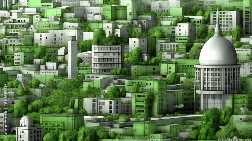 Cityscape with elements of green architecture and design. Harmonious blend of urban construction, mo