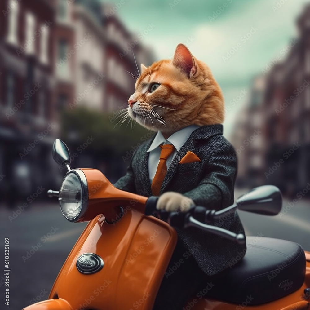 cat in a suit riding a bike