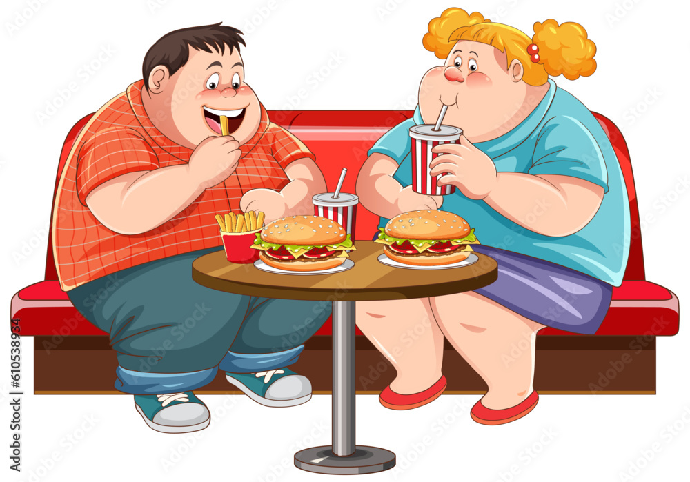 Fat couple eating fast food at the restaurant