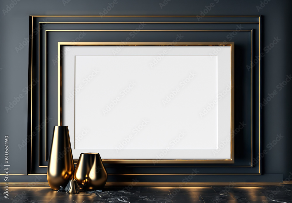 Gold frame in dark modern interior mockup. Generative Ai