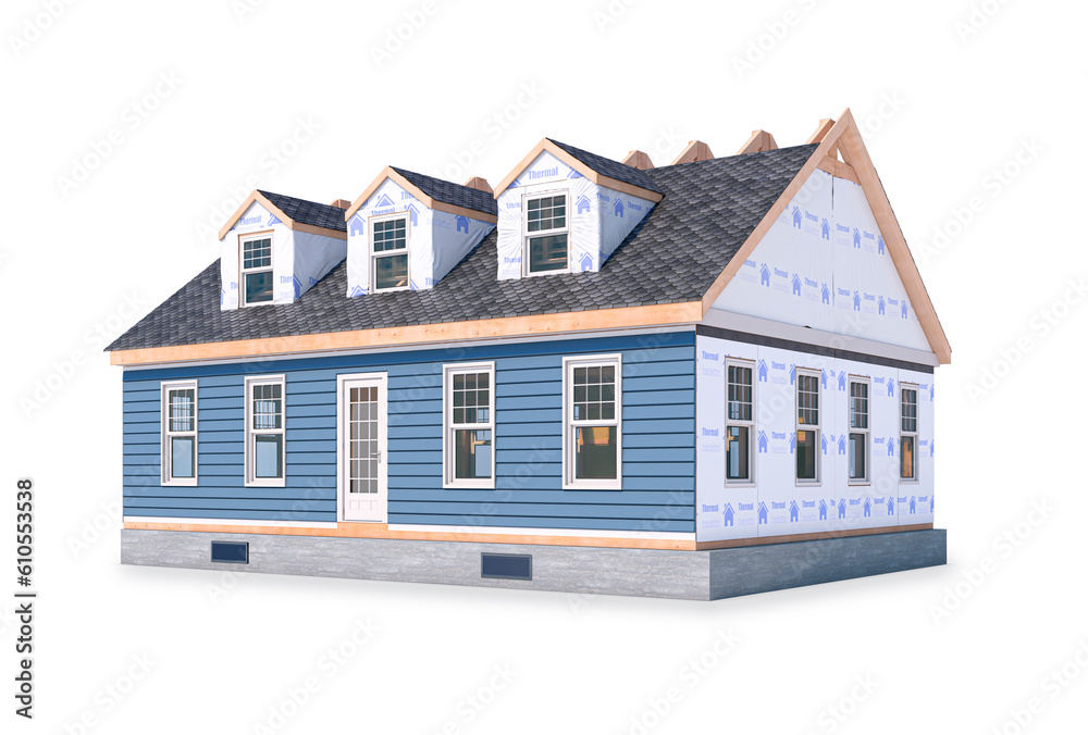 Unfinished modular house isolated on white background. 3d illustration