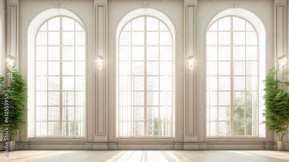 Interior with large windows, illustration mockup. Generative AI.