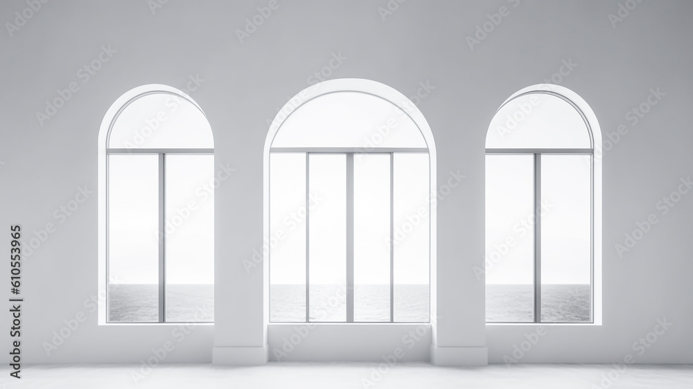 An empty room with three windows in minimalist architectural elements. Generative AI