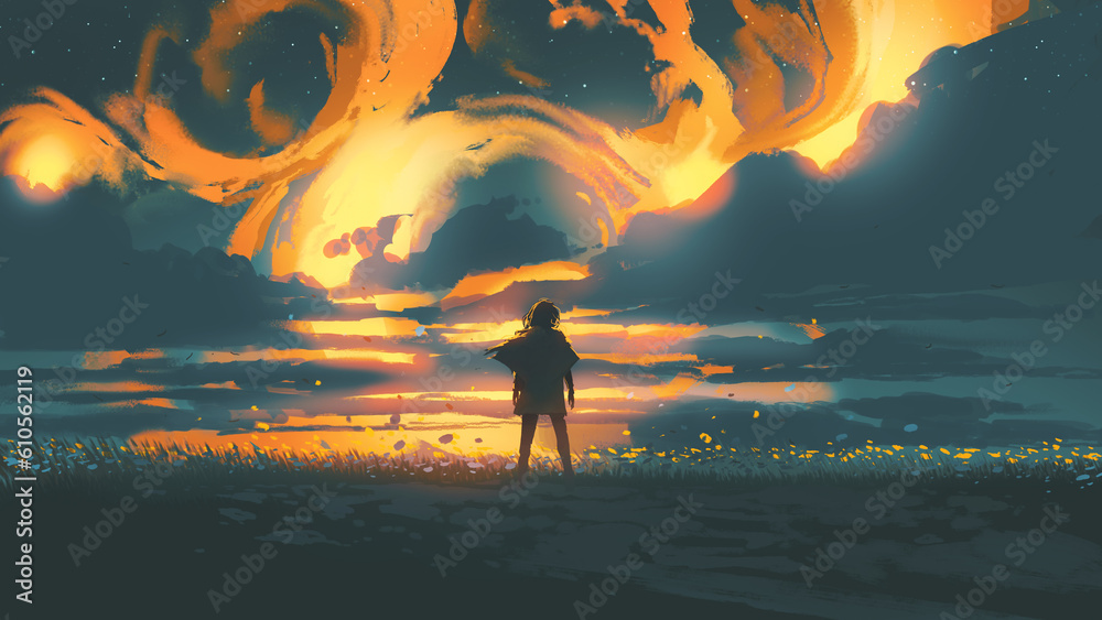 A man standing on a field of flowers against a flaming sky, digital art style, illustration painting