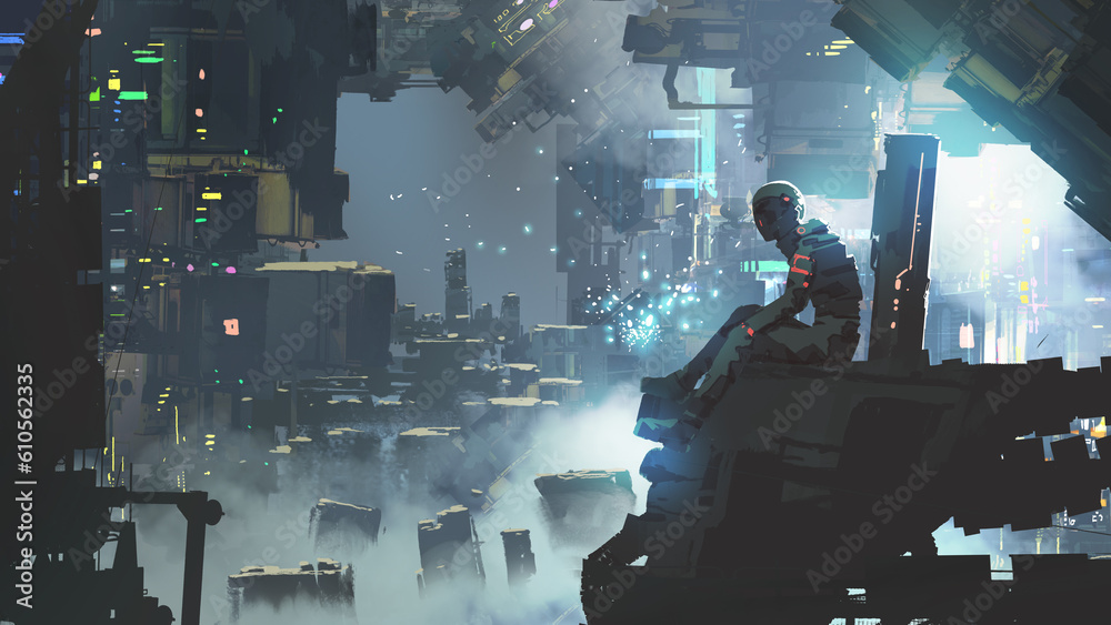 futuristic man sitting on a building against a sci-fi city during the night, digital art style, illu