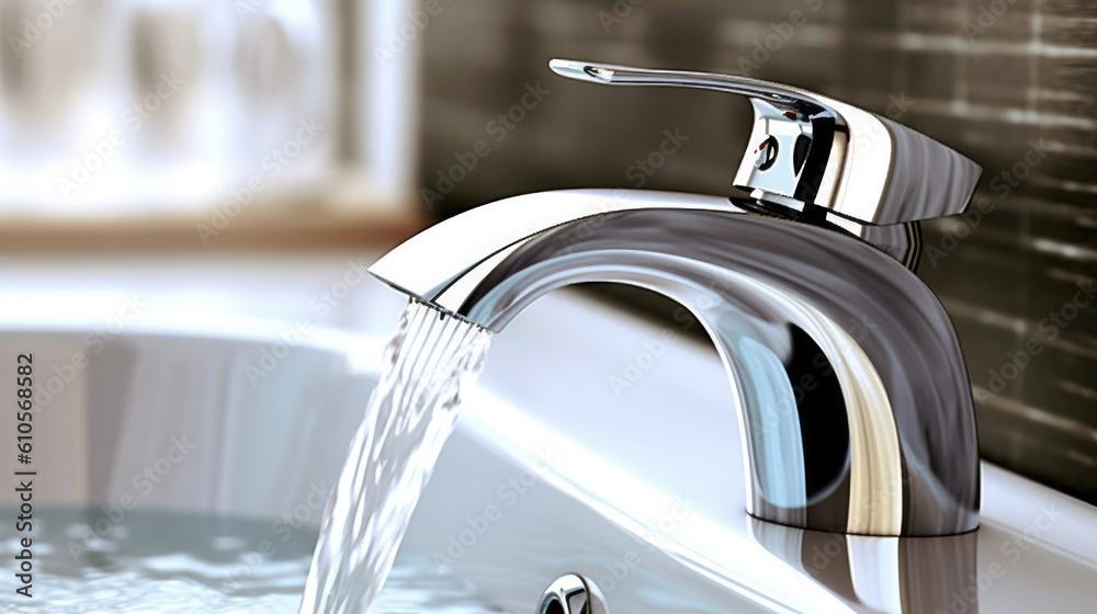 Faucet with running water in white sink