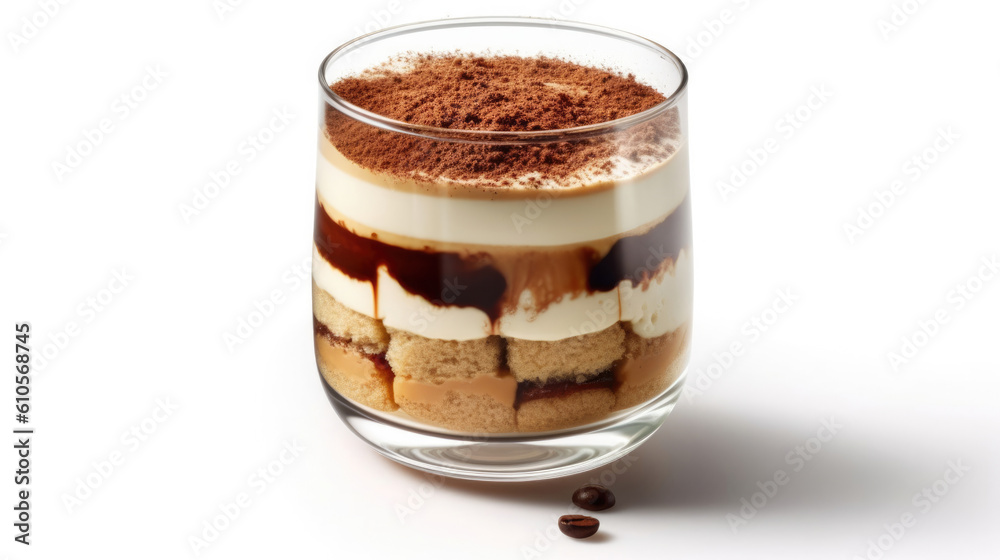 Tiramisu dessert in a glass on white