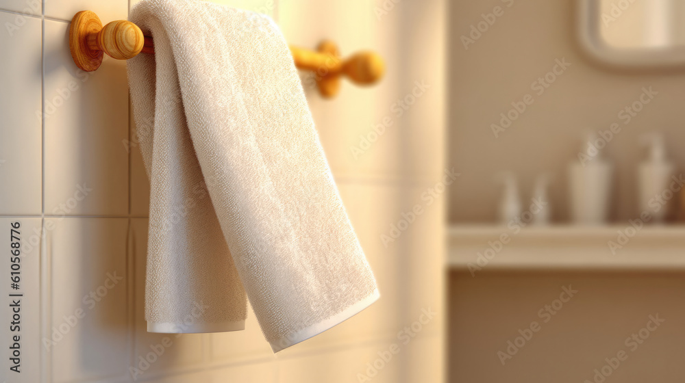 Bath Towel hanging on white towel rack