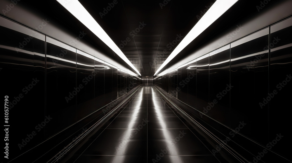 Black abstract futuristic tunnel with neon lines. Generative AI