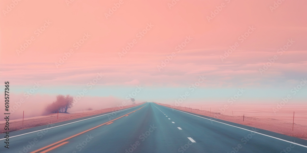 Minimalistic misty empty highway. Foggy road. Mystery travel concept. Generative AI