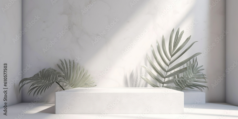 White product display podium with nature palm leaves. Generative AI