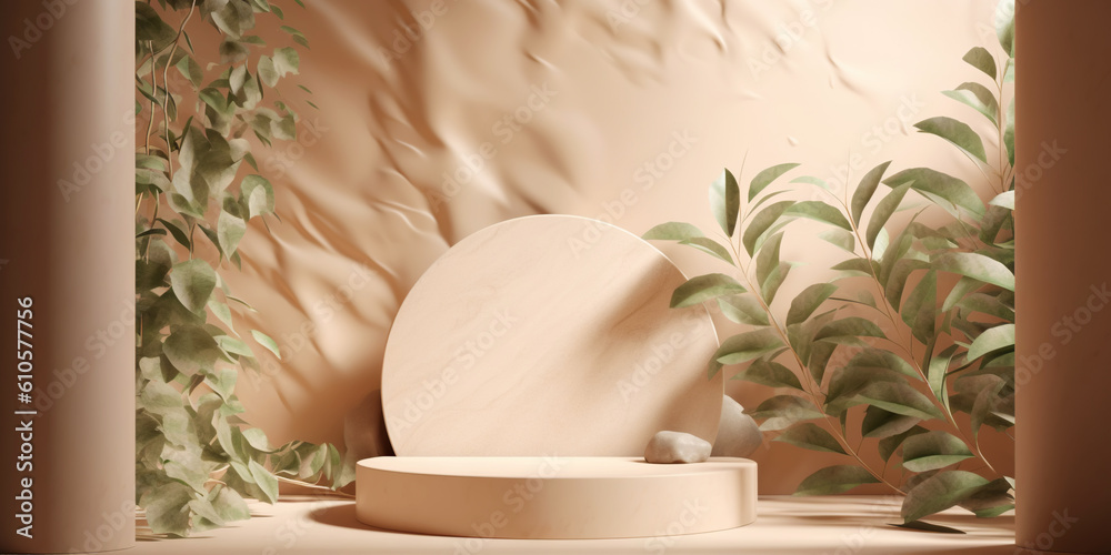 Beige podium for product display presentation. Sandstone and sandy colored plants. Generative AI