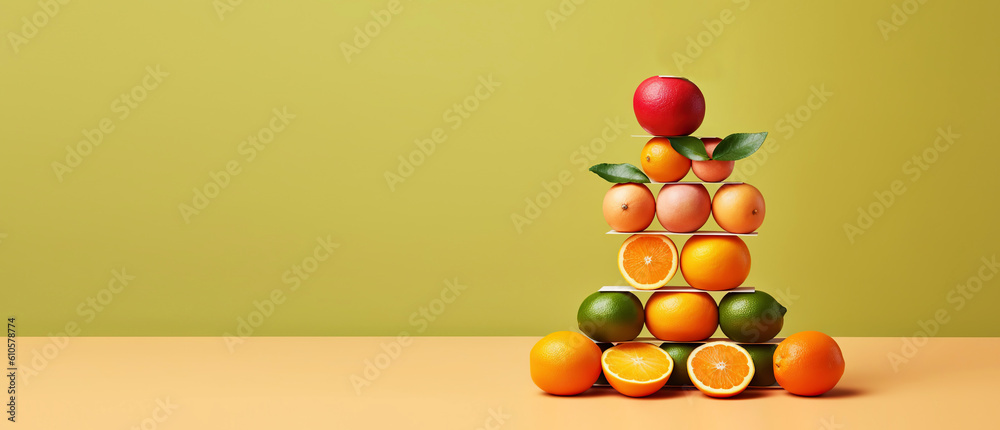 Equilibrium food balance diet concept. Balancing pyramid or tower of fruits. Generative AI