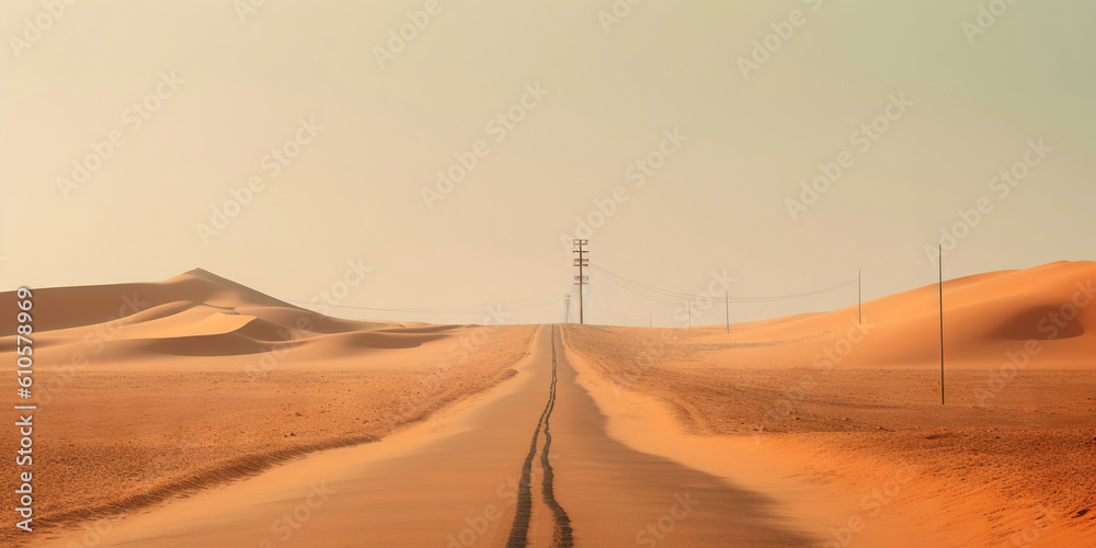 Minimalistic empty highway in desert. Travel concept. Generative AI