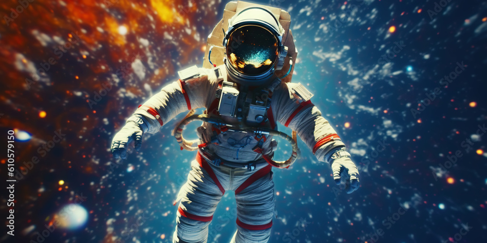 Portrait of astronaut floating in space with a asteroids, space rocks, burning sparks on backdrop. G