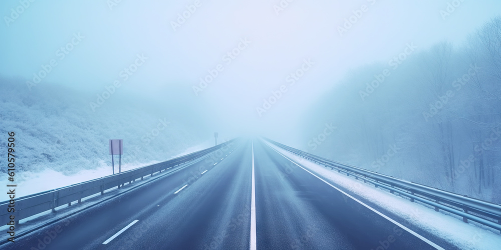 Minimalistic empty highway in winter. Road surrounded snow. Travel concept. Generative AI