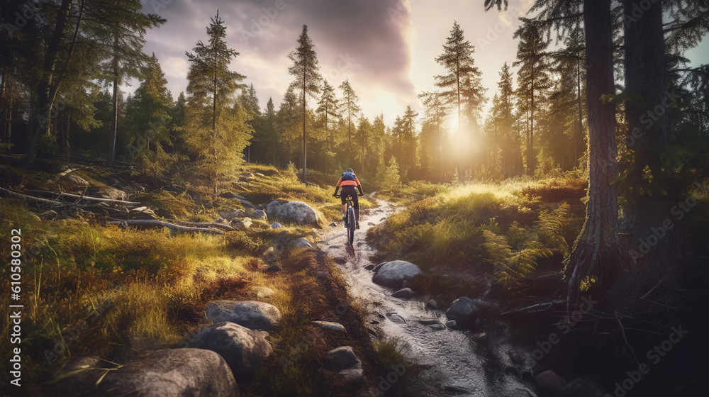 Mountain biker riding on bike in spring inspirational forest landscape. Man cycling on enduro trail 