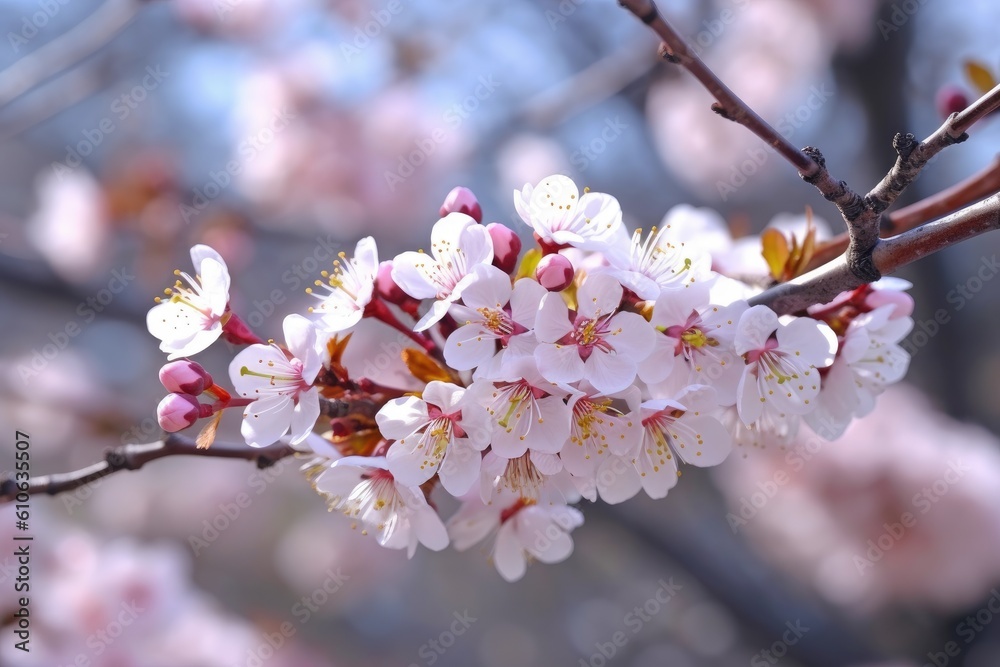 Branch of Prunus serrulata or Japanese cherry. Generative AI