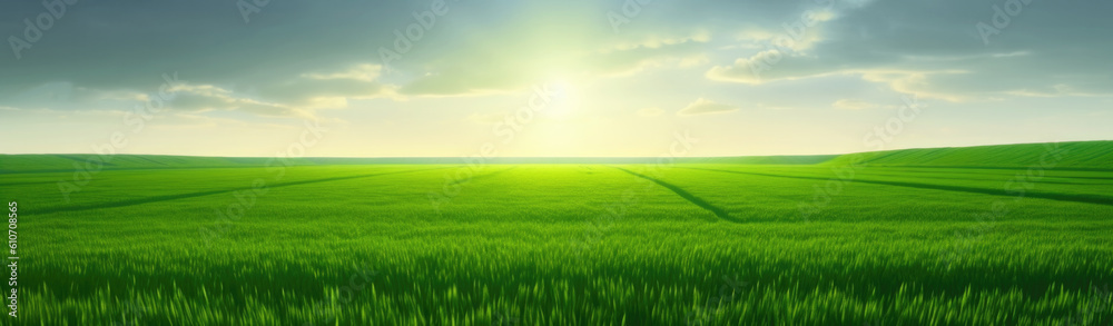 Wide angle panorama of sunlit green wheat field inder blue sky with clouds, minimal landscape. Gener