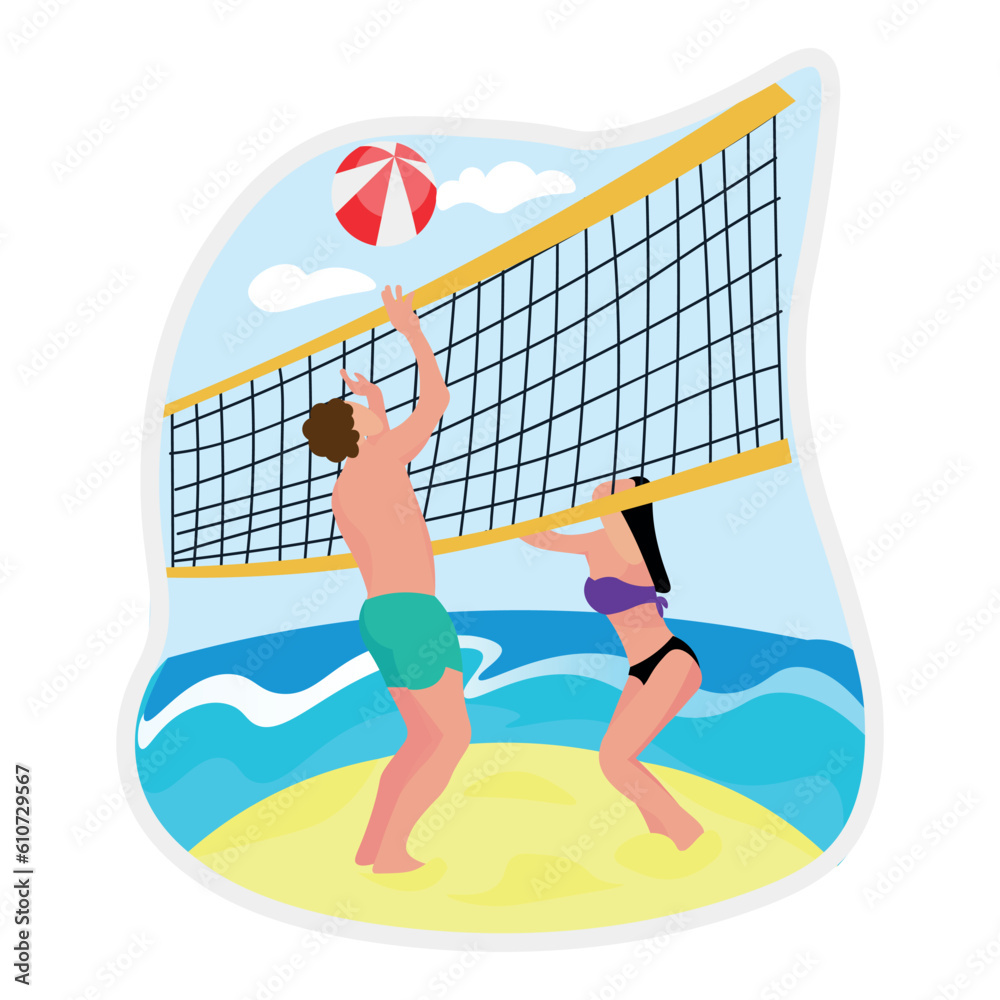 Couple playing beach volleyball at sea resort