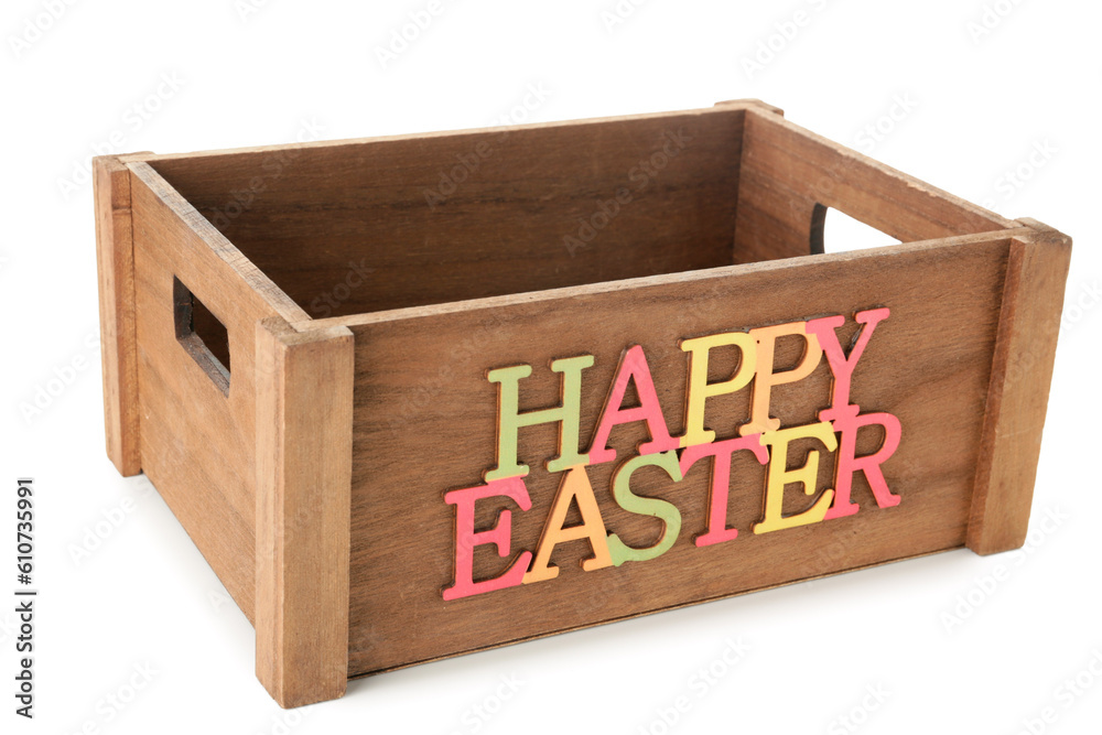 Wooden box with text HAPPY EASTER on white background