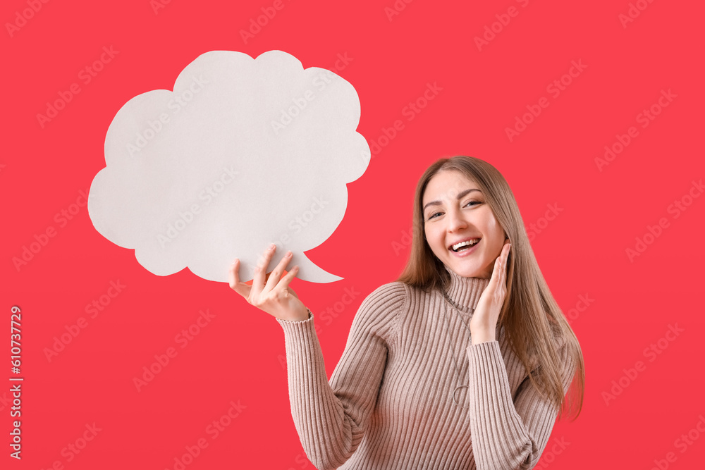 Young woman with blank speech bubble on red background