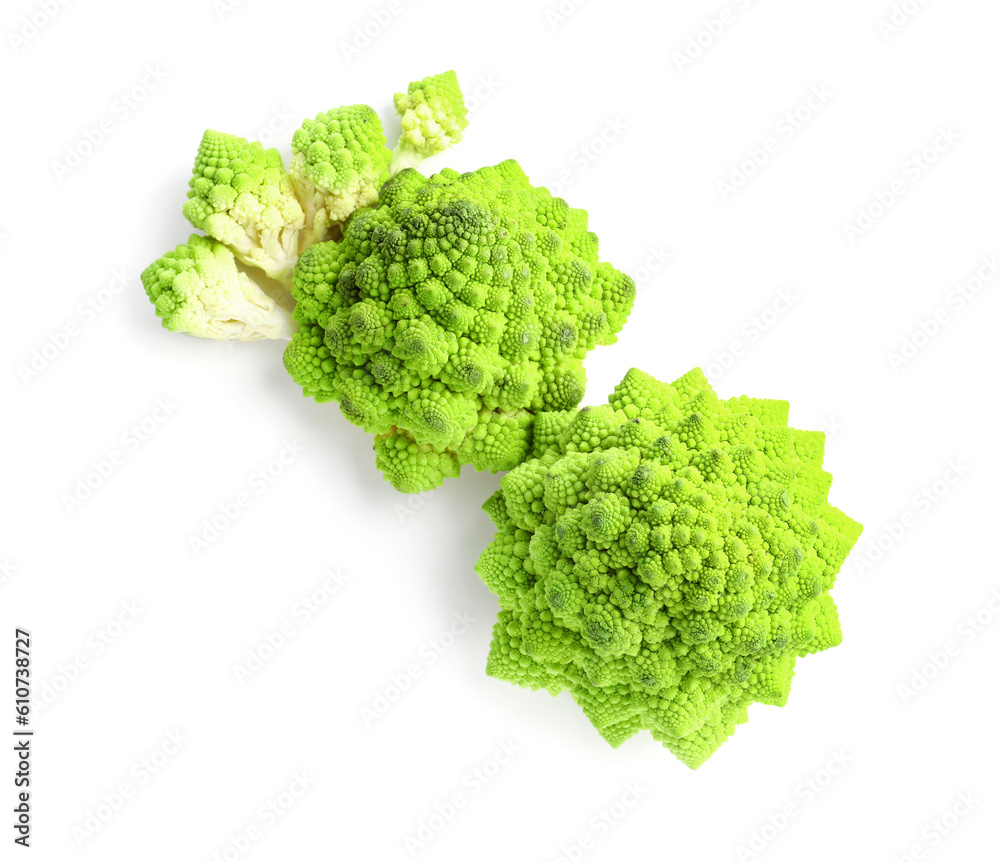 Composition with romanesco cabbage on white background