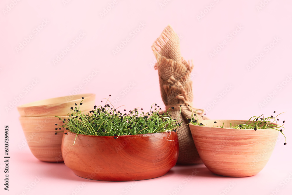 Bowls with fresh micro green on pink background