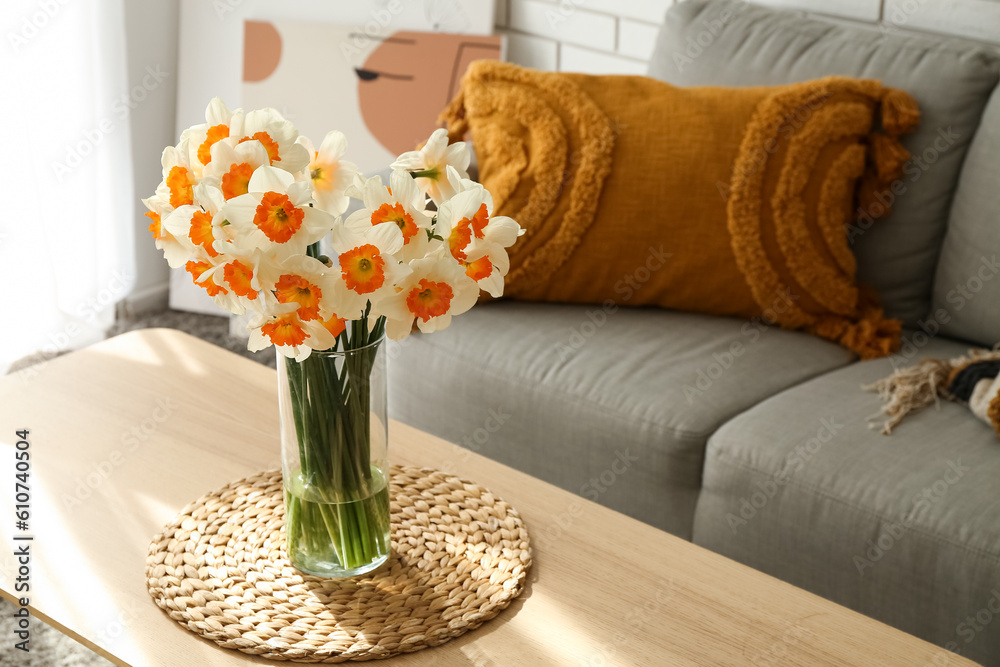 Vase with blooming narcissus flowers on table in light living room