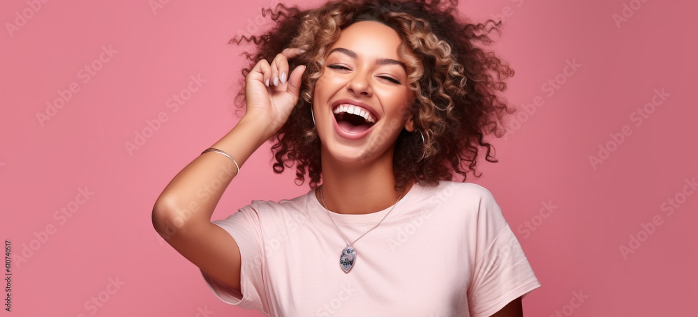 portrait of a woman laughing happily against solid pink color background. Image generative AI.