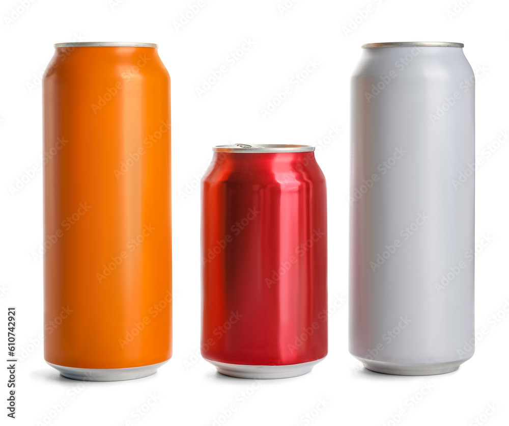 Different cans of fresh soda isolated on white background