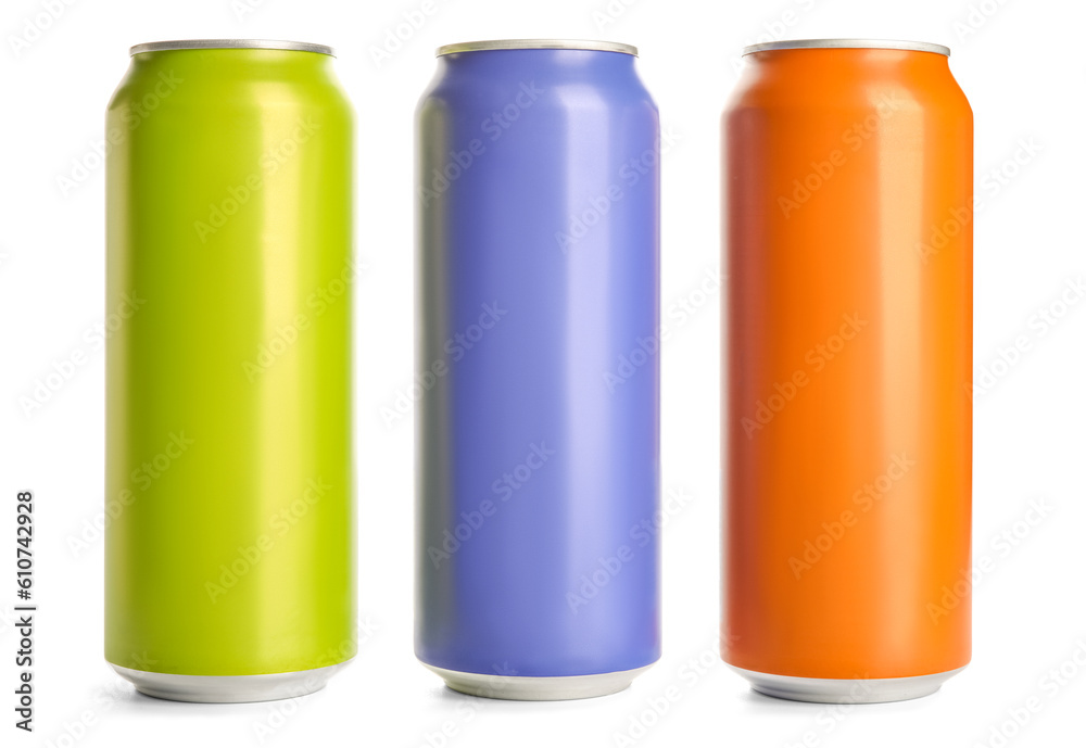 Different cans of fresh soda isolated on white background